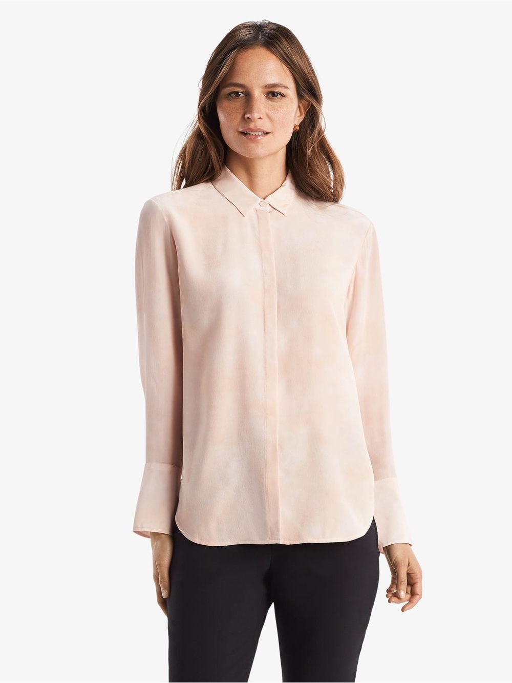 MM Lafleur Peach Button-Down Silk Blouse - The Blake Shirt - Brushstroke Ballet